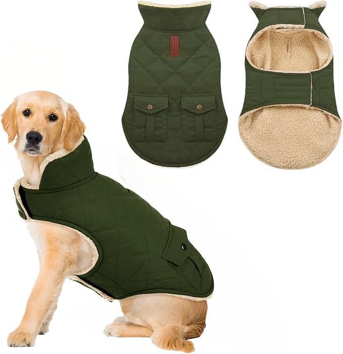 ASENKU Warm Dog Winter Coat Fleece & Turtleneck Dog Puffer Jacket with Pockets Waterproof Pet Cold Weather Clothes with Leash Hole for Medium Large Dogs