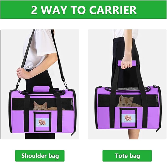 Large Cat Carrier Soft Sided Pet Carriers for Large Cats Under 25 lbs, 20" Dog Carrier Cat Carrier for 2 Cats Travel Carrier, Purple