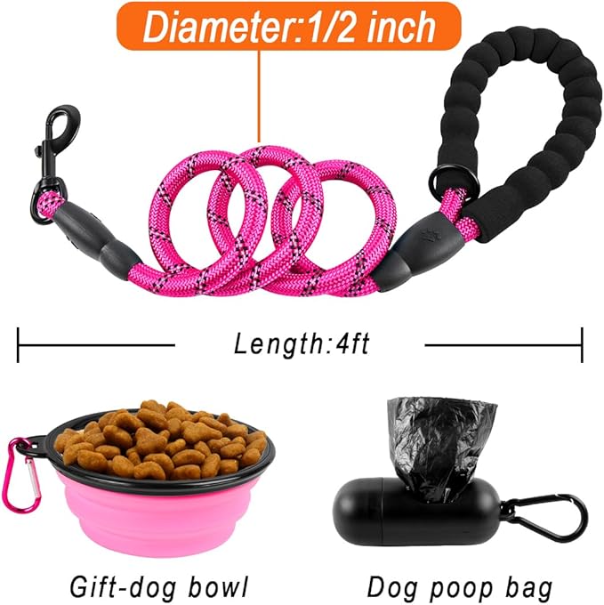 BARKBAY Dog Leashes for Large Dogs Heavy Duty Dog Leash 4/5/6 FT with Comfortable Padded Handle and Highly Reflective Threads for Medium Large Dogs Walking Training Running (4FT-1/2'',Fushcia)