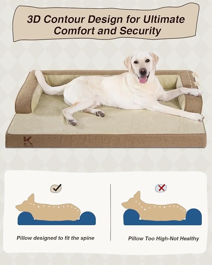 KSIIA Washable Dog Bed Large Sized Dog U-Shaped Bolster Pet Couch with Removable Waterproof Cover, Non-Slip Bottom and Egg-Crate Orthopedic Foam Pet Bed, 41 x 27 Inch, Brown