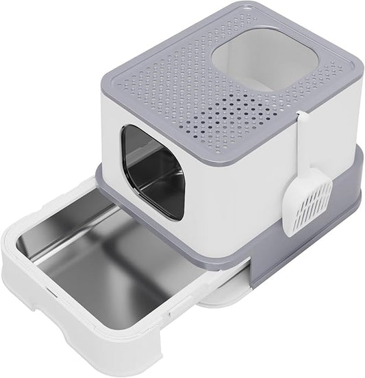 RIZZARI Stainless Steel Cat Litter Box: Large Leak-Proof Odor-Free Design - XL Gray - for Indoor Cats Pet Owners Solution