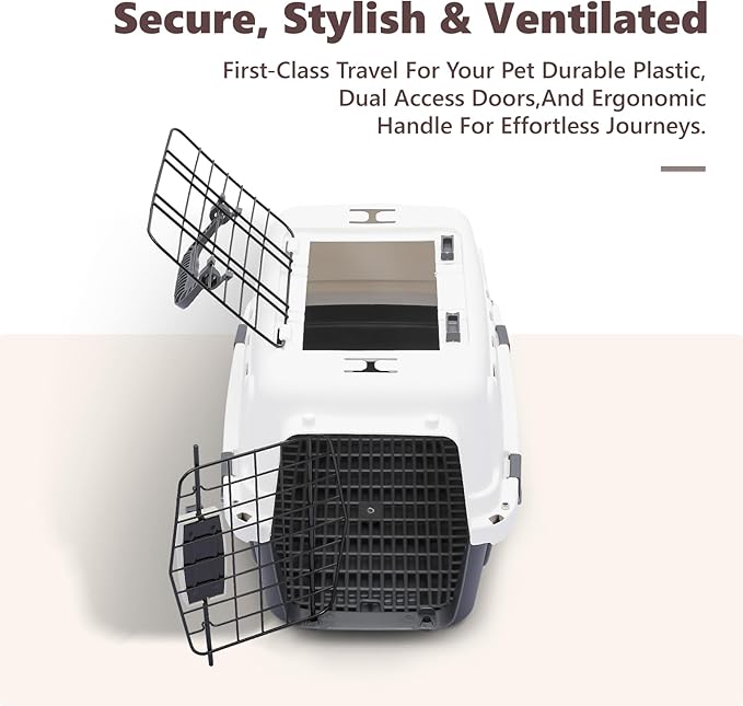 Athena Collection 18" Hard-Sided Travel Pet Carrier for Small Dogs and Cats, Plastic Dog Crate with 2-Door Top & Front Load & Ventilation & Security Lock, Cat Dog Carrier for Pet, up to 10lbs, Grey