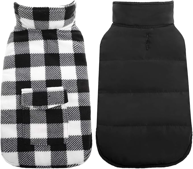 Kuoser Dog Winter Coat, Windproof Dog Fleece Jacket British Style Plaid Cold Weather Doggie Vest Coats, Reversible Cozy Warm Puppy Clothes Pet Apparel for Small Dogs XS