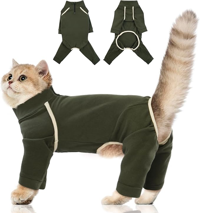 Cat Onesie - Army Green, Soft & Breathable Cat Pajamas for Sizing S. Surgery Suit & Hair Spreading Prevention