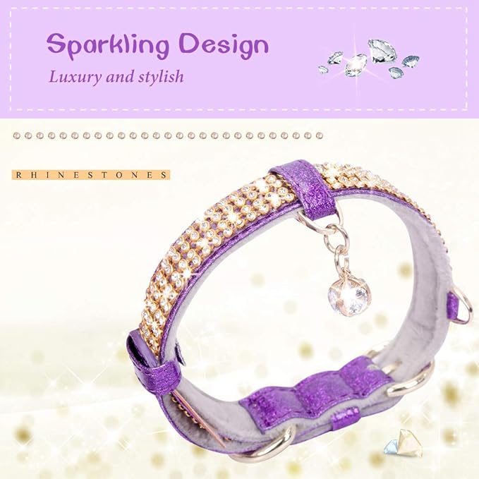 PetsHome Cat Collar, Dog Collar, [Bling Rhinestones] Premium PU Leather with Pendant Adjustable Collars for Big Cat and Small to Medium Dog Small Purple