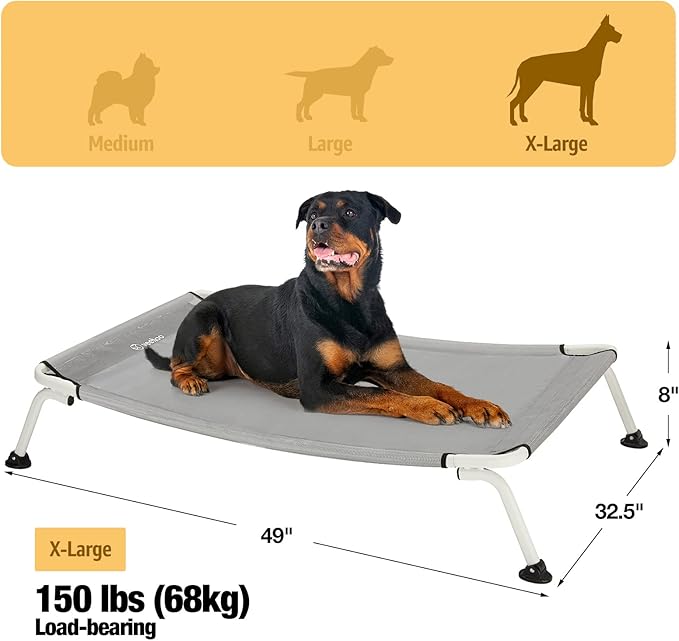 Veehoo Elevated Dog Bed for Outdoor, Cooling Waterproof Raised Dog Cots Beds XL, Curved Off Ground Pet Hammock Cot Lifted for Outside, up to 150lbs, White Legs, Grey 49"