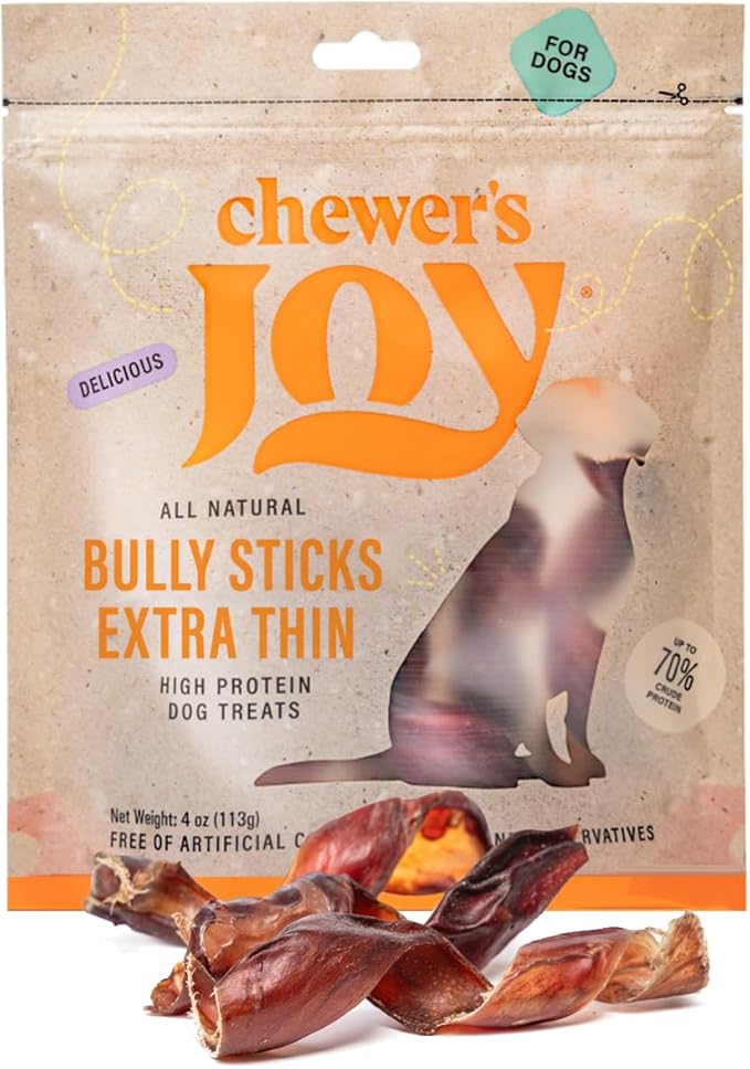 Chewer's Joy Bully Spring Extra Thin (4oz) – Natural Dog Treats – Long-Lasting Chews, High Protein, Made with Real Beef