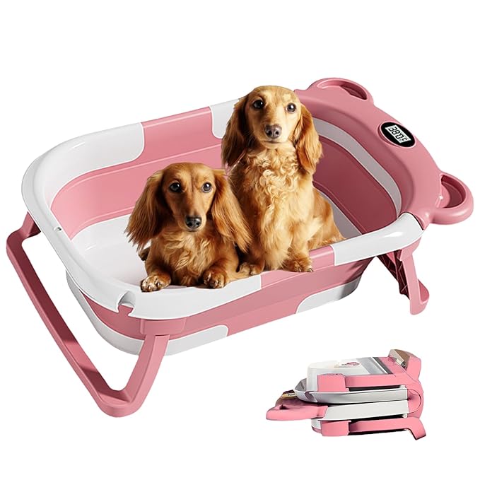 Collapsible Dog Bathtub with Thermometer, Suitable for Dogs and Cats - Portable and Foldable Dog Bathtub with Drain Plug - Space-Saving Dog Bathing Basin and Multi-Purpose Laundry/Storage Basket