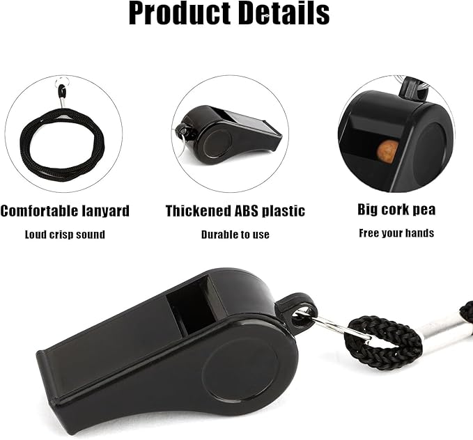 Sports Whistle with Lanyard – Loud Sports Whistles, High-Pitched Black Plastic Whistles for Coaches, Referees,Emergency,Outdoor Safety, Dog Training, Party