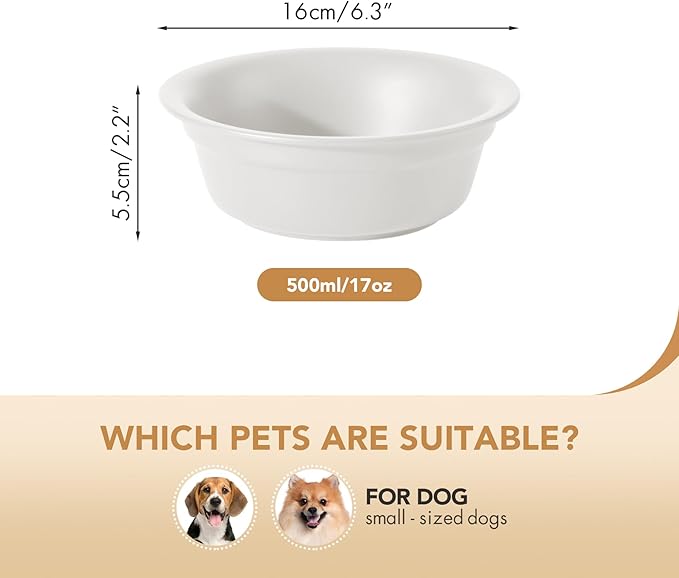 Ceramic 6.3inch Set of 2 Dog Bowls, 2pcs Basic Food and Water Dishes for Small and Medium Dogs, Wide Opening Rounded Edge (2 Bowls, Matt White)