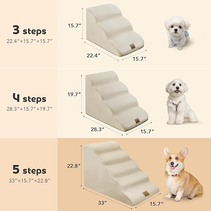 Mestuel 23in High Dogs Stairs, F Stairs for High Bed,5 Steps Ramp to High Couch Sofa Bed Indoor with Gentle Slope& Nonslip Bottom, Lint Roller Set, Beige