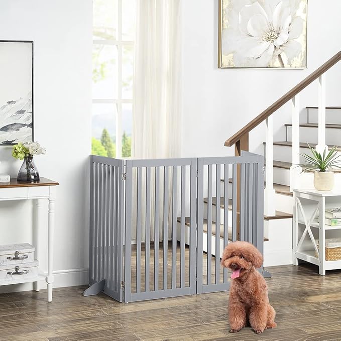 unipaws 36”H Free Standing Pet Gate for Dog Cat, Tall Wooden Dog Gates for Doorway, Stairs, Foldable Pet Fence for The House, Expandable Barrier, Indoor Use, Grey