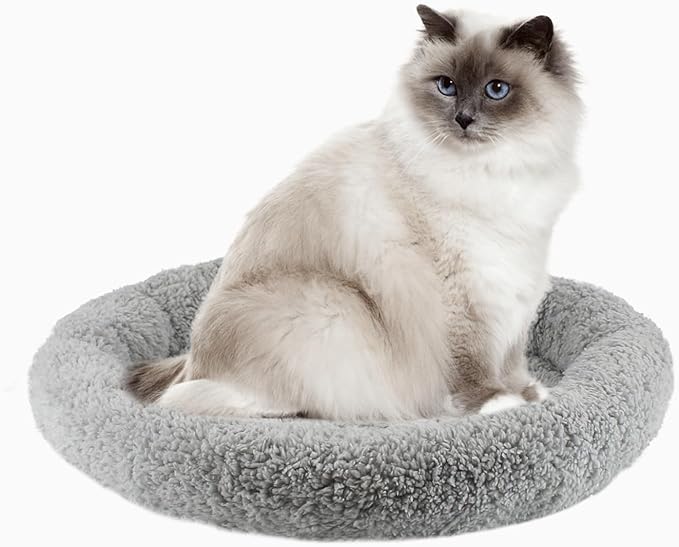 Round Cat Bed Washable Cat Donut Bed with Non-Slip Bottom Comfortable Soft Pet Bed for Indoor Cats/Gray （Diameter: 15.75"）