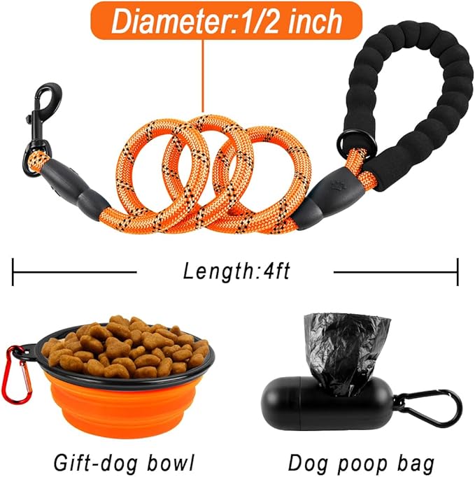 BARKBAY Dog Leashes for Large Dogs Heavy Duty Dog Leash 4/5/6 FT with Comfortable Padded Handle and Highly Reflective Threads for Medium Large Dogs Walking Training Running (4FT-1/2'',Orange)