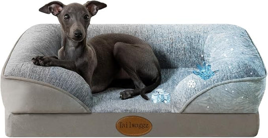 Cooling Pet Bed for Small Dogs and Cats, Waterproof Orthopedic Dog Sofa Bed, Supportive Foam Pet Couch Bed with Washable Removable Cover, Waterproof Lining and Nonskid Bottom(Small, Grey)