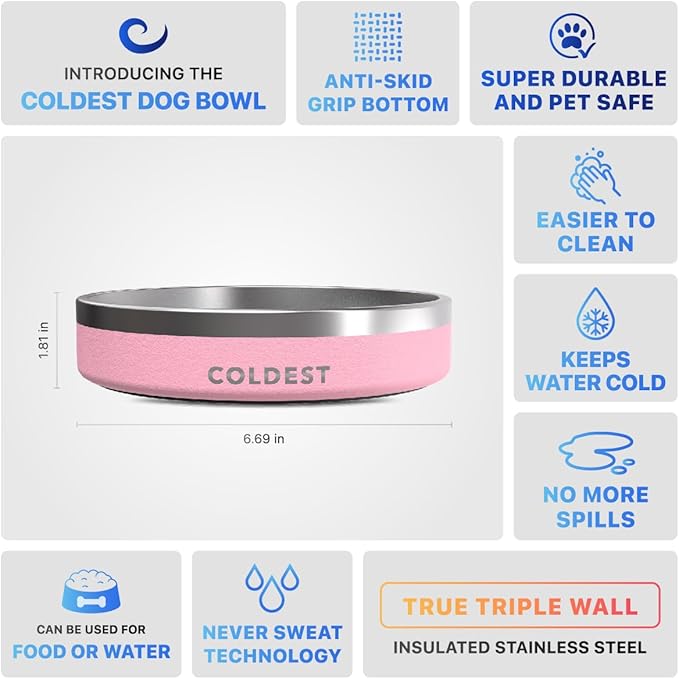 Coldest Dog Bowl - Anti Rust Metal, Non Slip, 3 Layers Insulated Stainless Steel Dog Bowls - Spill Proof & Heavy Duty - Water Bowl for Dogs, Cats & Pets, Dish Washer Safe (21 oz,Cotton Candy Pink)