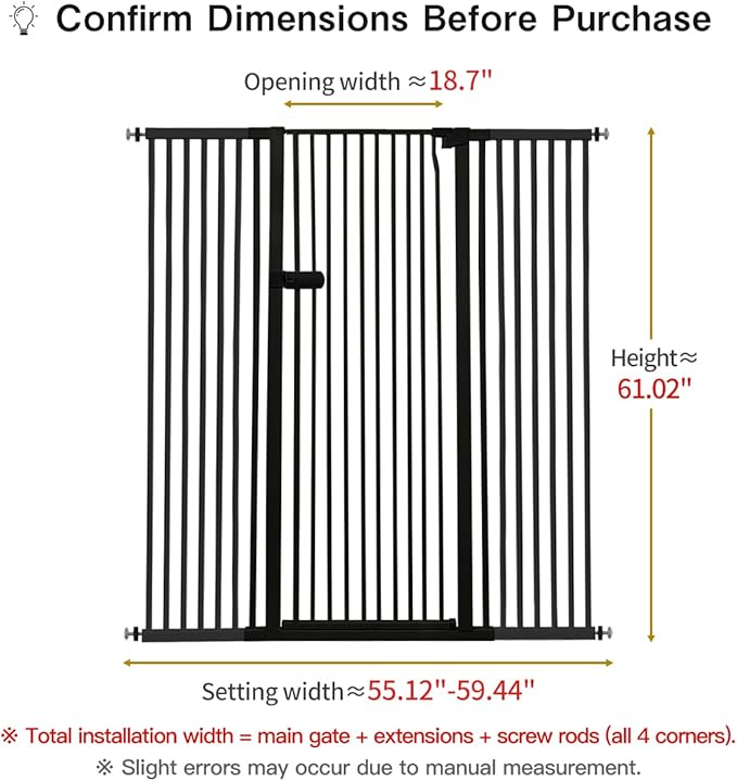 Lumizone Extra Tall Cat Gate 61.02" High Pressure Mounted Extra Wide 2025 New (17 Sizes) 1.37" Gap No Drilling Auto-Close One-Handed Operation Tall Pet Gate for Dogs(Black, 55.12"-59.44"/140-150.5CM)