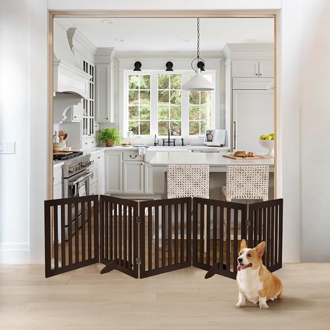 unipaws 24”H Free Standing Pet Gate for Dogs and Cats, Wooden Dog Gates for Doorway, Stairs, Dog Room Divider, Step Over Foldable Pet Fence for The House, Expandable Barrier, Indoor Use, Espresso