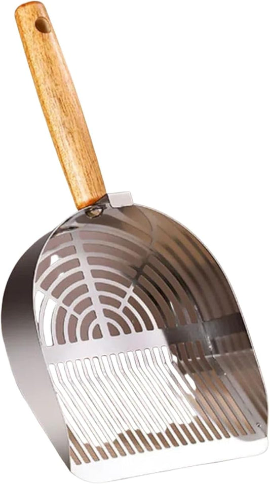 Heavy Duty Aluminum Alloy Cat Litter Scoop with Stand | Beech Wood Grip + Long Handle for Comfort | Deep Sifter for Fast, Efficient Poop/Litter Cleaning | Durable for Litter Box (Long Strip)