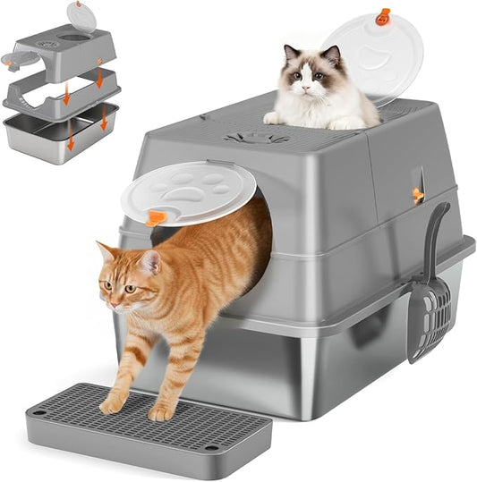 Front & Top Entry Stainless Steel Litter Box with Lid,Cat Litter Box Enclosure,Extra Large Enclosed,Non-Sticky Metal Pan,Anti-Leakage,Odor Control,Easy Clean,Covered for Indoor Cats,Includes Scoop Set