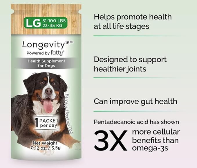 Yummy Combs Longevity15 C15:0 Dog Health Supplement (30-Day Supply) Dog Dental Treats (8oz Bag) for Large Dogs – C15:0 Fatty Acid for Daily Wellness, Food Topper – VOHC Approved Oral Care Treat