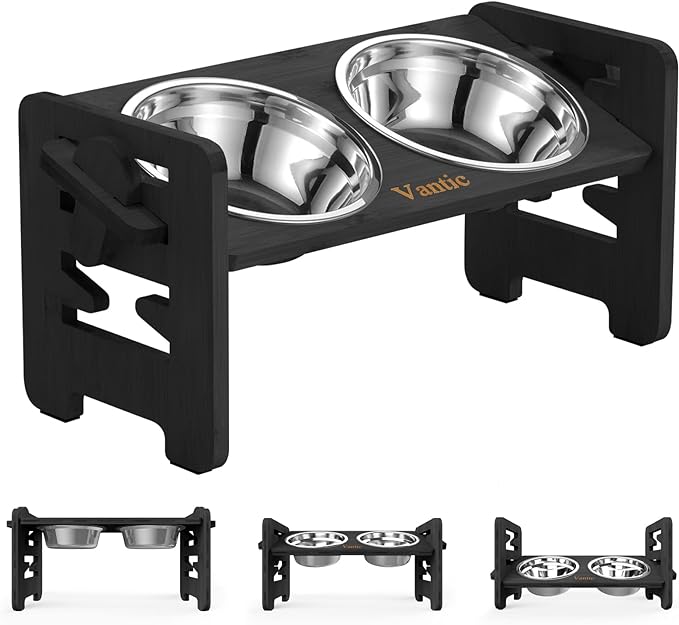 Vantic Elevated Dog Bowls, Adjustable Raised Dog Bowl Stand for Small Puppy and Cats, Sturdy Bamboo Pet Food Feeder with 2 Stainless Steel Dishes, Black