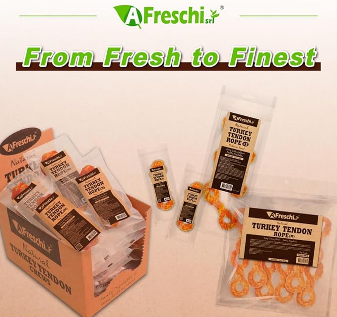 AFreschi Turkey Tendons for Dogs, USA-Sourced, Healthy Dog Treats, Rawhide-Free Puppy Chews, Long Lasting, All Natural, Hypoallergenic Dog Treats for Medium Breeds, 2 Count Pack Rope (M)