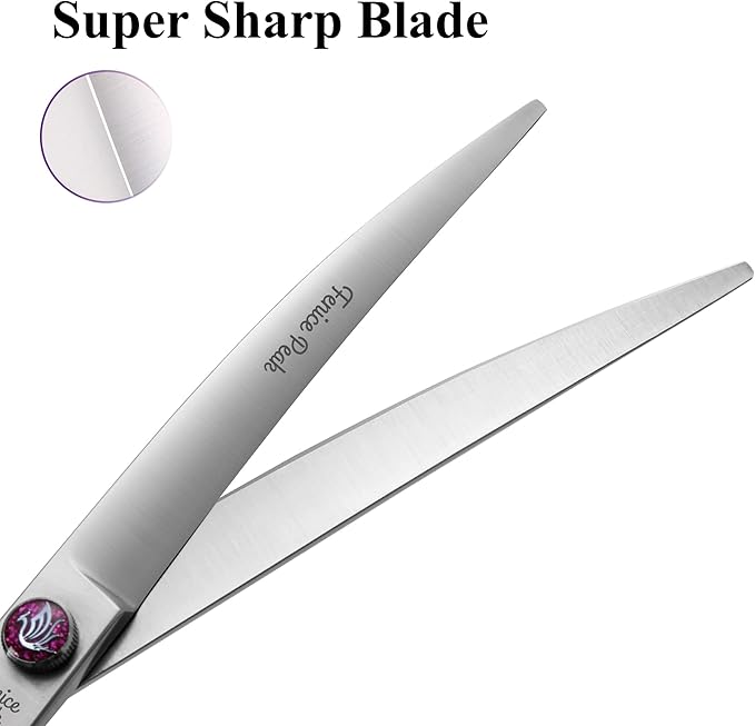 Fenice Peak 8'' Curved Dog Grooming Scissors Professional 440C Stainless Steel Pet Trimming Shears with Decorative Screw and Offset Handle Sharp and Durable