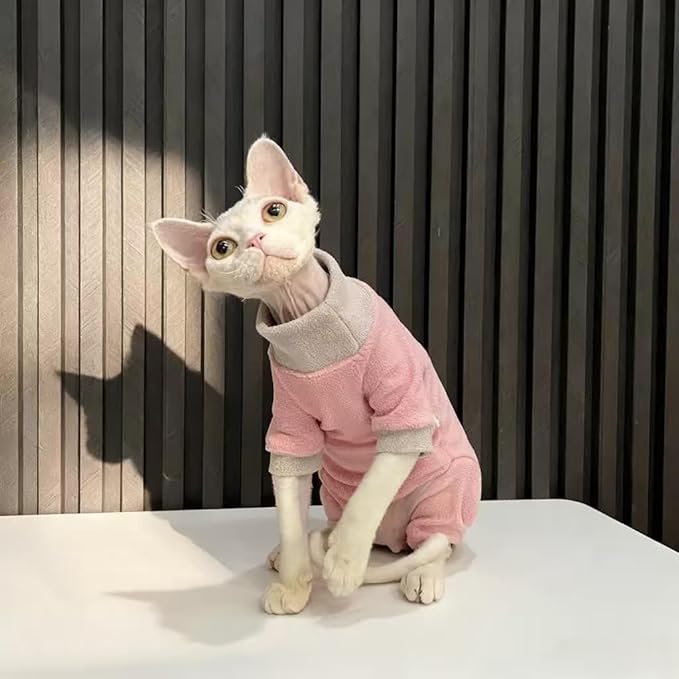 Sphynx Cat Clothes Winter Soft Warm Polar Fleece Turtleneck Pullover Four Leg Jumpsuit Fashion Splicing Base Shirt Cat Apparel, (Small(3-3.9lb))