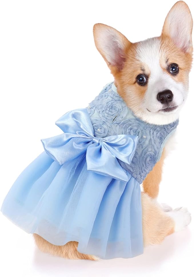 ASENKU Dog Dress Pet Wedding Dress Princess Lace Puppy Birthday Party Outfit Formal Apparel Girl for Small Medium Dogs Cats (Large, Blue)