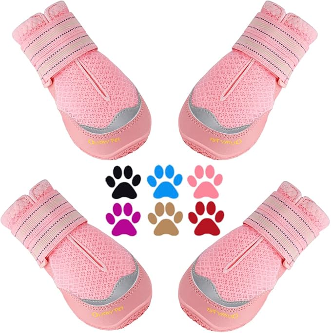 QUMY 4PCS Dog Boots for Large Dogs, Medium Dog Shoes & Paw Protectors for Hot Pavement, Summer Heat Protection, Mesh Breathable Nonslip Dog Booties for Hardfloors, Walking Running Hiking Pink Size 1