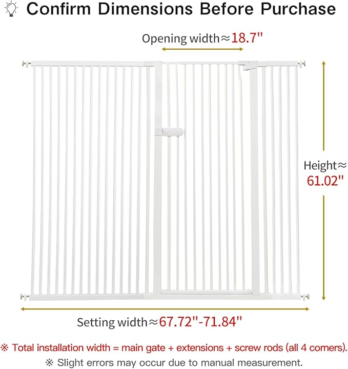 Lumizone Extra Tall Cat Gate 61.02" High Pressure Mounted Extra Wide 2025 New (17 Sizes) 1.37" Gap No Drilling Auto-Close One-Handed Operation Tall Pet Gate for Dogs(White, 67.72"-71.84"/172-182CM)