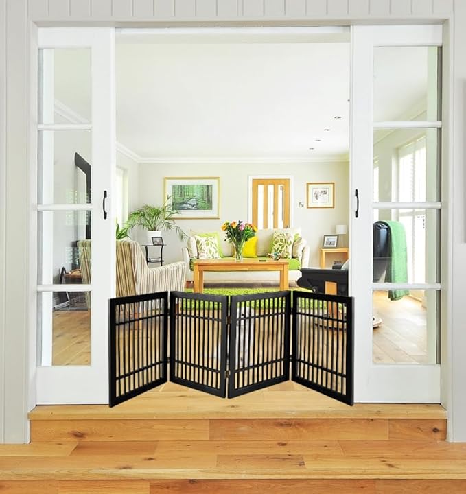 Pet Dog Gate Strong and Durable Freestanding Folding Acacia Hardwood Portable Wooden Fence Indoors or Outdoors by Urnporium (Black Pet Gate, 4 Panel 24" Tall)