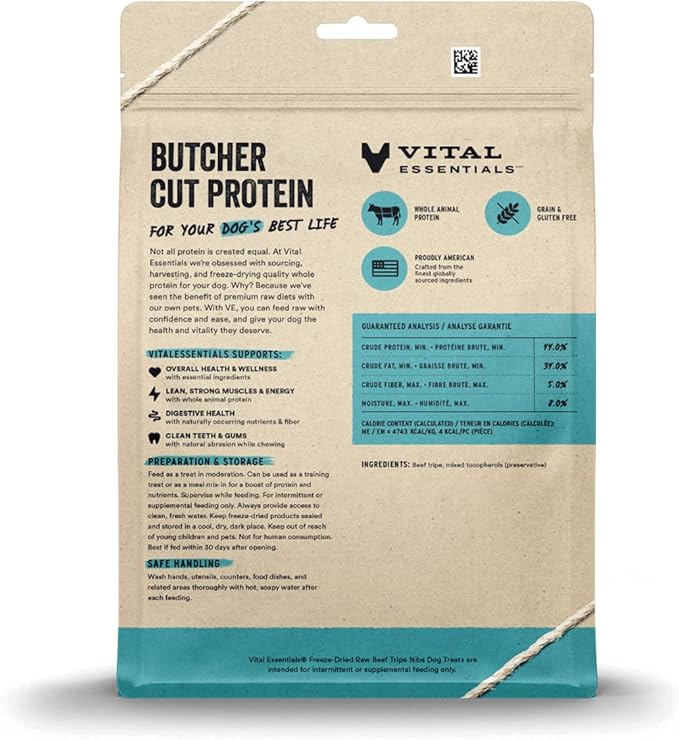 Vital Essentials Beef Tripe Nibs Dog Treats, 14 oz | Freeze-Dried Raw | Single Protein | Premium Quality High Protein Training Treats | Grain Free, Gluten Free, Filler Free