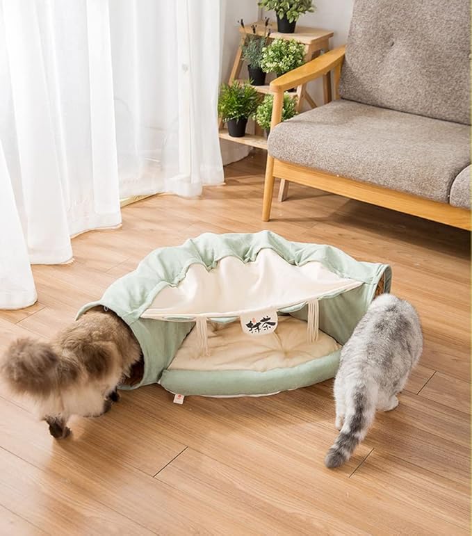 2 in 1 Cat Tunnel Bed Tube with Cushion and Plush Ball Toy Playground Crinkle Collapsible for Large Cats Kittens Kitty Puppy Small Dog Foldable Soft Pet Play Bed Indoor Outdoor - Green Cat Tunnel Bed
