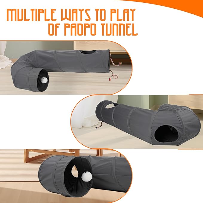 Cat Tunnel, 2-Way Collapsible Cat Tube with Interactive Peek-A-Boo Hole, Toy Ball, and Rope – Ideal for Indoor Cats, Kittens, and Rabbits (Dark Gray)