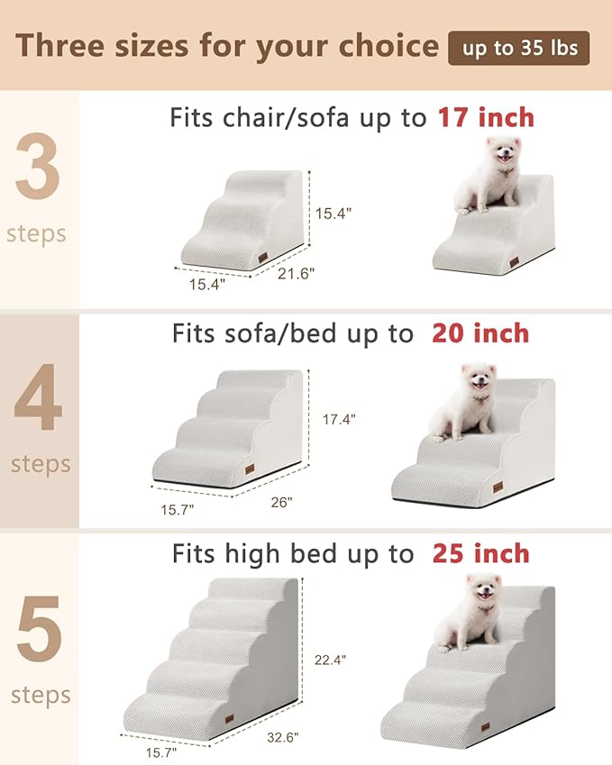 Dog Stairs for High Bed,5 Step Dog Ramp for Small and Medium Dogs,Pet Stairs with Non-Slip Bottom for Puppy, Older Cat,Indoor Pet Steps,Comfort,Durable,22.4" H,Light Grey