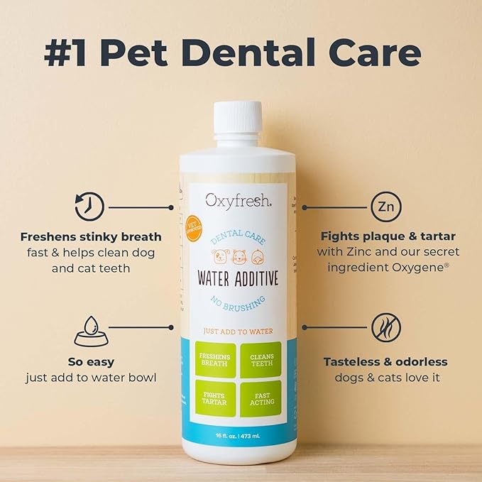 Oxyfresh Premium Pet Dental Care Solution Pet Water Additive: Best Way to Eliminate Bad Dog Breath and Cat Bad Breath - Fights Tartar & Plaque - So Easy, Just Add to Water! Vet Recommended 16 oz.