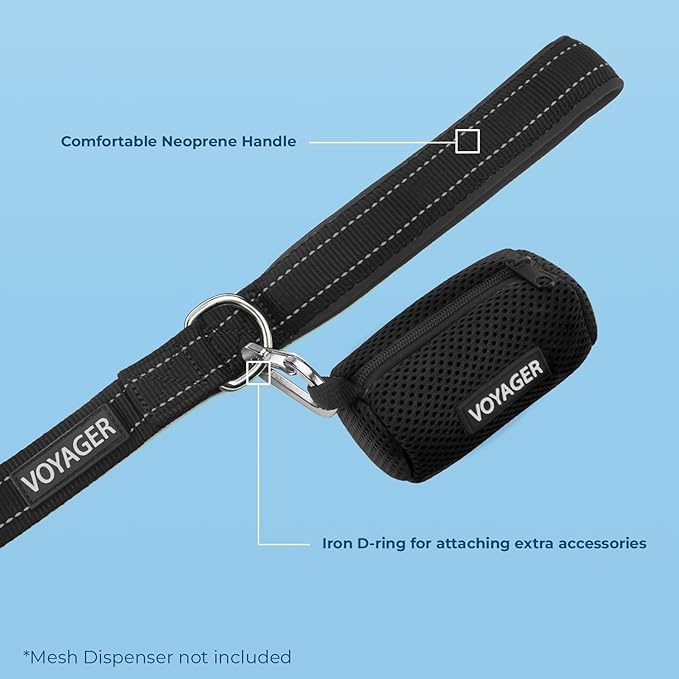 Voyager Reflective Dog Leash Collar Set with Neoprene Handle Supports Small, Medium, and Large Breed Puppies, Cute and Heavy Duty for Walking, Running, and Training - Black, L