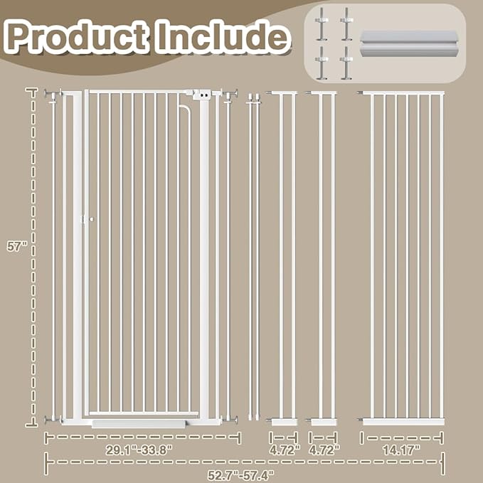 57" Extra Tall Pet Gate for Doorway, 52.7"-57.4" Wide Baby Gate for Cats Walk Through, Auto Close Tall Dog Gates with Door, Child Safety Gate Indoor Stairs, Cat Proof Gate for Doggie, White
