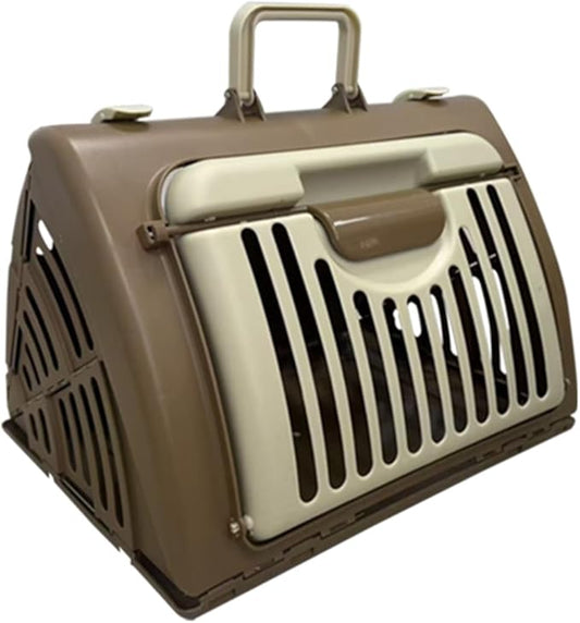 Foldable Travel Cat Carrier, Small Cat Carrier Hard Up to 25lbs, 18" Lx14.5 Wx14 H Front Open Type Plastic Cat Carriers, Beige + Coffee