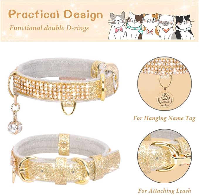 PetsHome Cat Collar, Dog Collar, [Bling Rhinestones] Premium PU Leather with Pendant Adjustable Collars for Cat and Small Dog Extra Small Gold