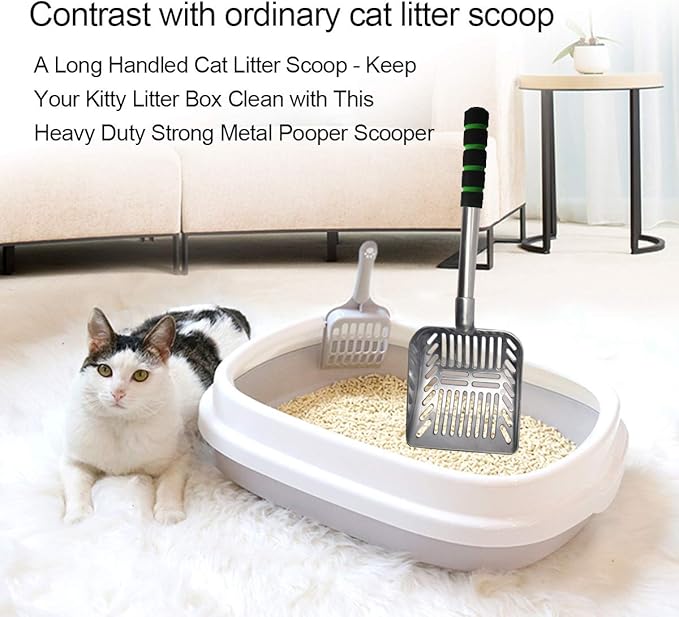 Cat Litter Scooper Metal Cat Litter Scoop Long Handle Cat Scoop Aluminum Litter Box Scooper Kitty Litter Scoop Non-Stick Stronger Large Cat Litter Sifter Scoop Manages Big Clumps of Multi-cat Families