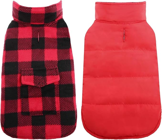 Kuoser Dog Winter Coat, Windproof Dog Fleece Jacket British Style Plaid Cold Weather Doggie Vest Coats, Reversible Cozy Warm Pet Clothes Apparel for Large Size Dogs XL