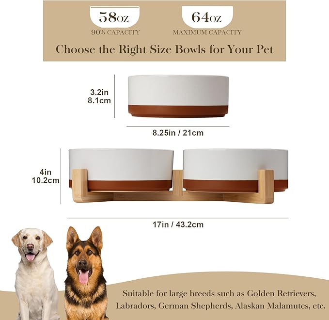 MALACASA Dog Bowls, Ceramic Dogs Bowls with Wood Stand Non-Slip, 6 Cups or 58 oz Capacity Dog Water Food Bowl Glaze Matte Weighted Non-Slip Pet Bowl for Large Dogs (L-6 Cups)