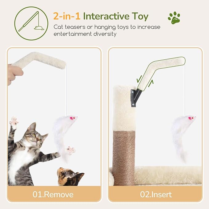 Globlazer Large Cat Tree Tower, Tall Cat Tree Condos for Indoor Cats Large Adult Cat Climbing Tower with 2 Spacious Caves, Oversized Top Perch, Big Hanging Basket, Cat Teaser Wand, F74B, Beige