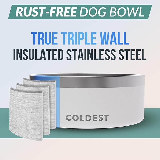 Coldest Dog Bowl - Anti Rust Metal, Non Slip, 3 Layers Insulated Stainless Steel Dog Bowls - Spill Proof & Heavy Duty - Water Bowl for Dogs, Cats & Pets, Dish Washer Safe (100 oz, Epic White)