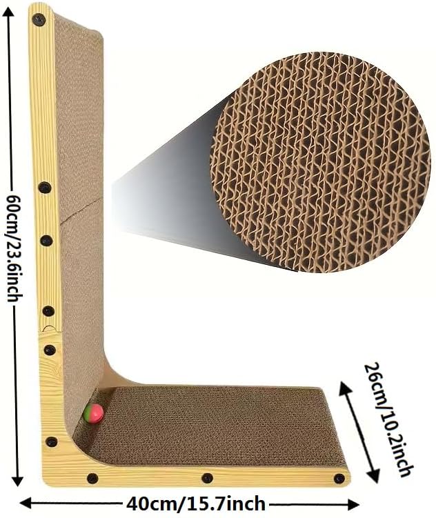 L Shape Cat Scratcher, 23.6 Inch Large Vertical Scratching Board Wall Mounted, Durable Cardboard Scratch Pad with Ball Toy - Protects Furniture for Indoor Cats (23.6in)