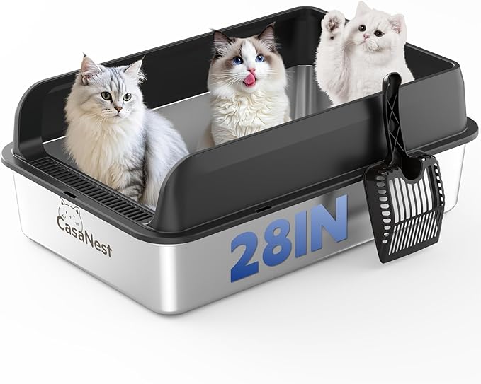 XXXL Stainless Steel Cat Litter Box with Lid 28.1''×20.5''× 10.1” Extra Large Metal Cat Litter Box for Big, Multi Cats, Anti-Leakage & Non-Stick Metal Pan, Easy to Clean, Durable (Black