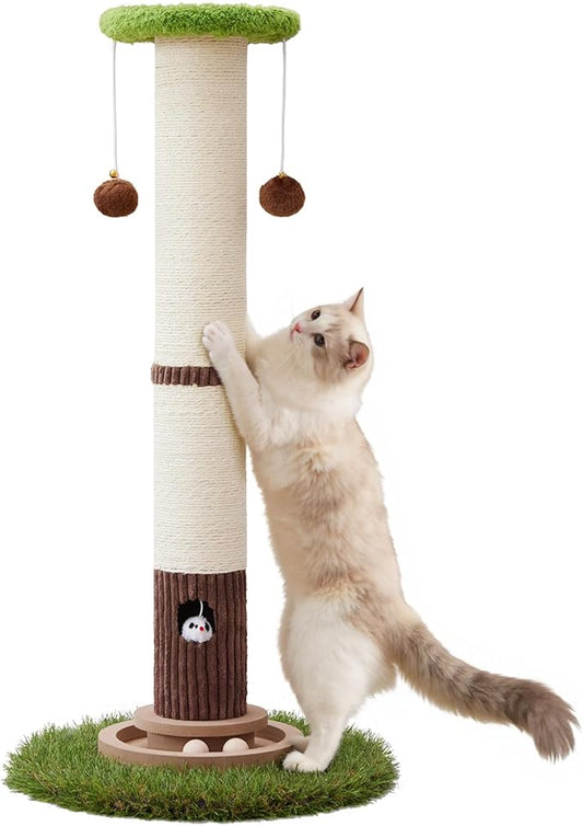 Scratcher Posts for Adults Cats - 33" Tall Cat Scratching Post, Premium Sisal Post for Kittens, Cat Scratcher Tree with Reinforced Stable Base and Interactive Wooden Ball (Green)